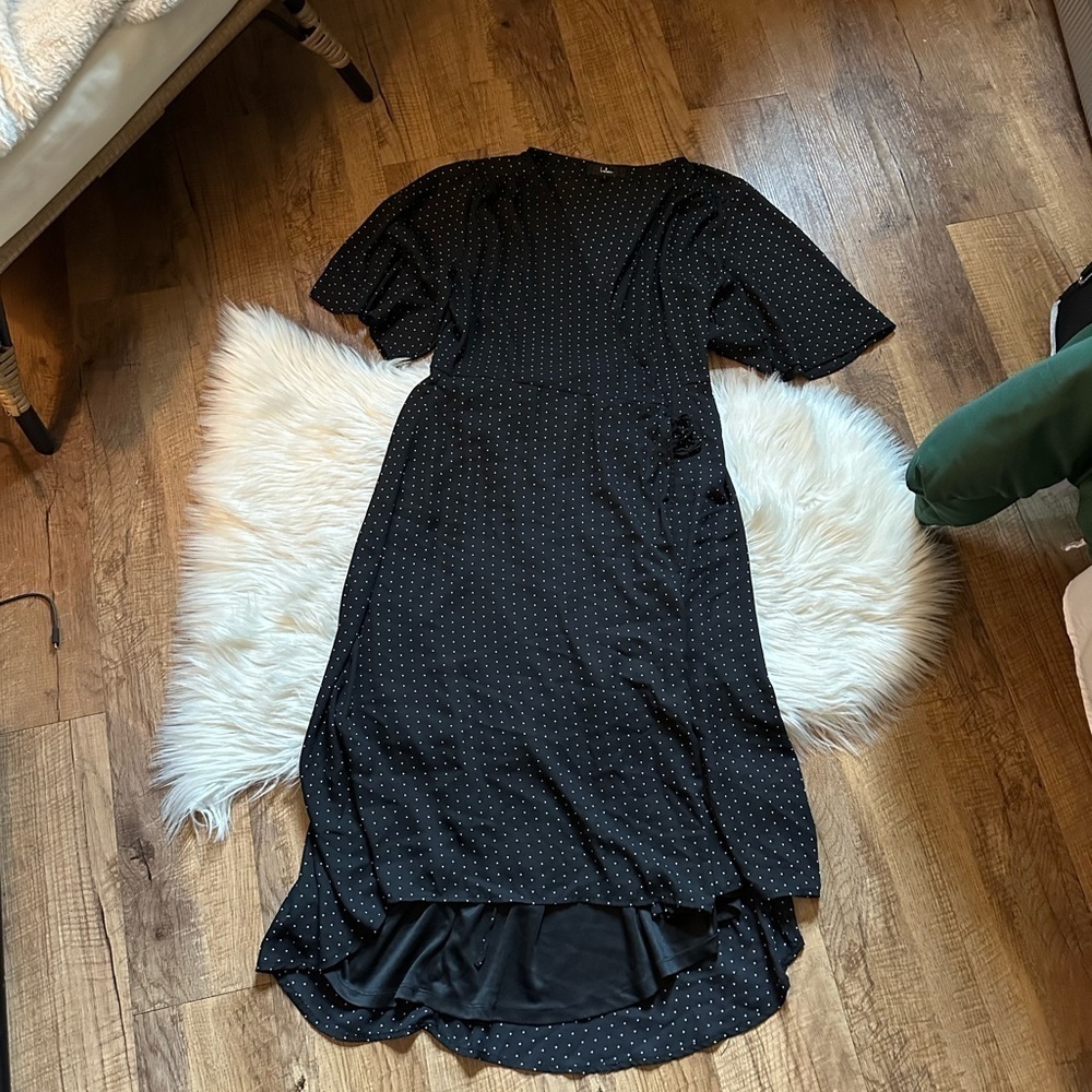 Lulu's Black Polka Dot Wrap Midi Dress - Picture 3 of 5
